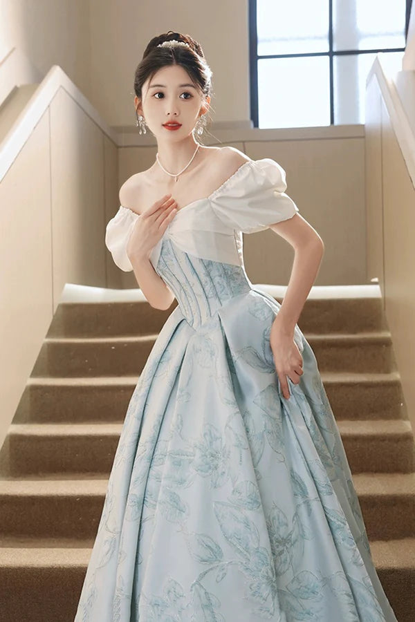 Wholesale White and Blue Printed Floor Length Prom Dress Lovely Short Sleeve Formal Evening Dress